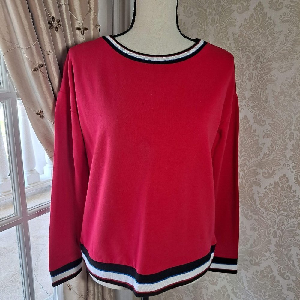 Cable & Gauge Size S/P Red/Black/White/Blue Crew Neck Pullover Sweatshirt EUC